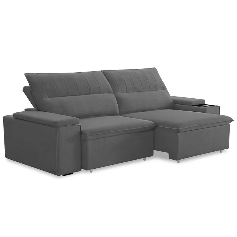 Sofá Retrátil Reclinável Para Sala 3 Lugares 205cm Ricci F04 Veludo Cinza Escuro - Lyam Decor - Lyam Decor