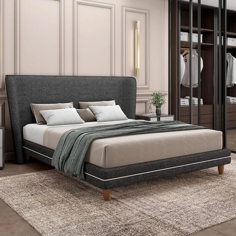 Cama Casal King Base Box Pés Madeira 203cm Suném P05 Linho Cinza Escuro - Lyam Decor
