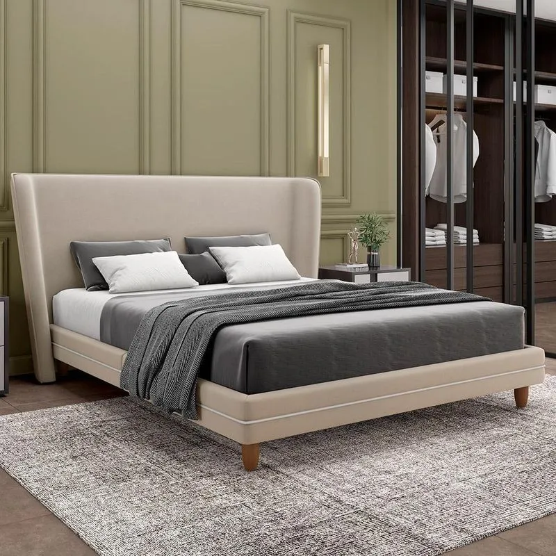 Cabeceira Queen Nilo 160cm Com Cama Pés Madeira Suném P05 Veludo Bege - Lyam Decor