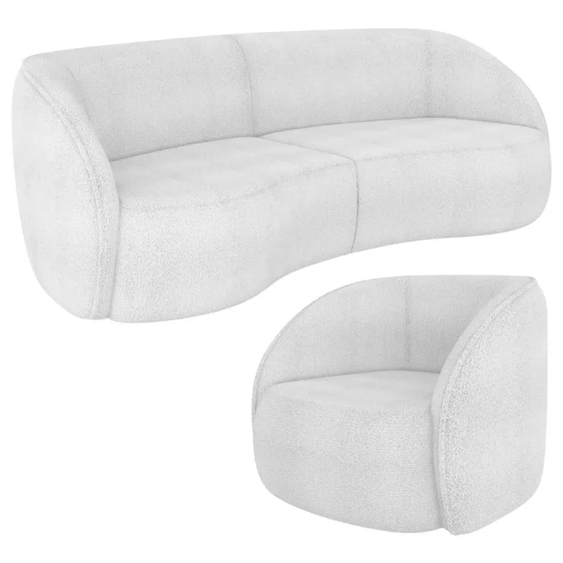 Kit Sofá 4 Lugares Eron 288cm Com Poltrona Giratória Angelina M03 Bouclê Branco - Lyam Decor - Lyam Decor