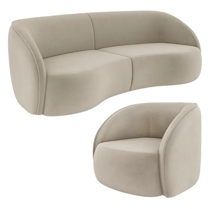 Kit Sofá 4 Lugares Eron 318cm Com Poltrona Giratória Angelina M03 Veludo Bege - Lyam Decor - Lyam Decor