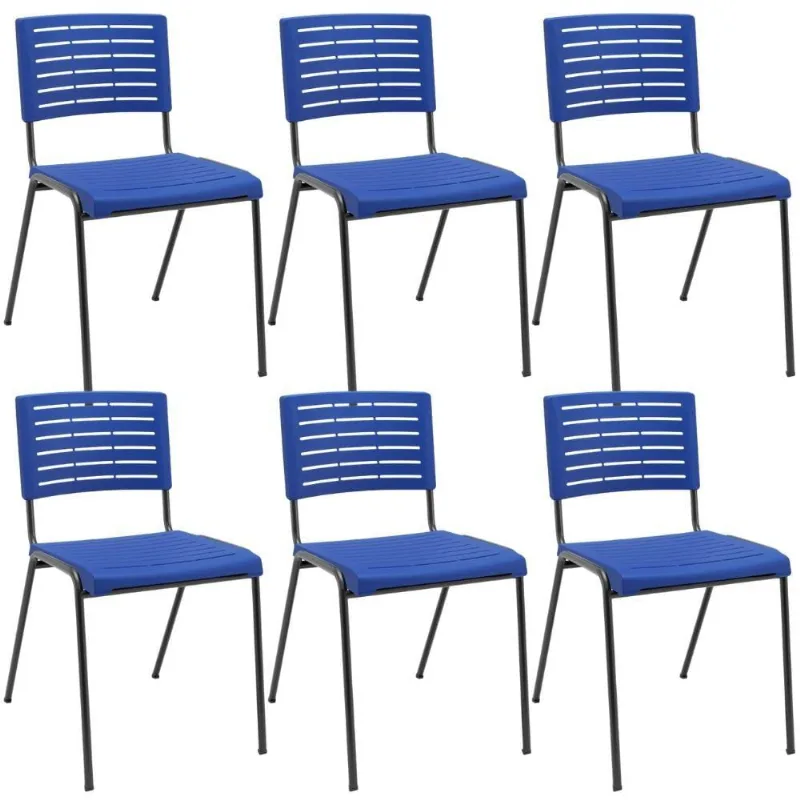 Kit 06 Cadeiras Empilhável Fixa Escritório Multiuso Base Preta Kimi P03 Azul - Lyam Decor