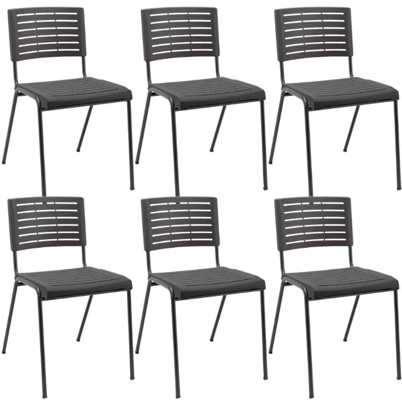 Kit 06 Cadeiras Empilhável Fixa Escritório Multiuso Base Preta Kimi P03 Preto - Lyam Decor