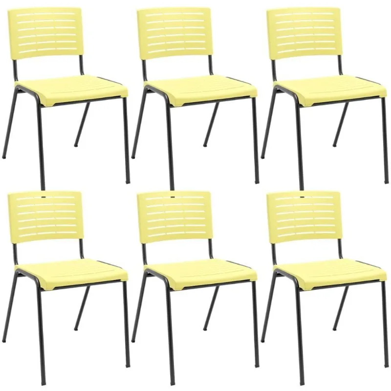 Kit 06 Cadeiras Empilhável Fixa Escritório Multiuso Base Preta Kimi P03 Amarelo - Lyam Decor