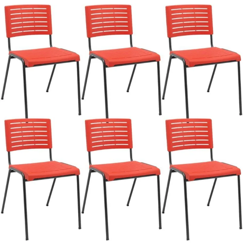 Kit 06 Cadeiras Empilhável Fixa Escritório Multiuso Base Preta Kimi P03 Vermelho - Lyam Decor