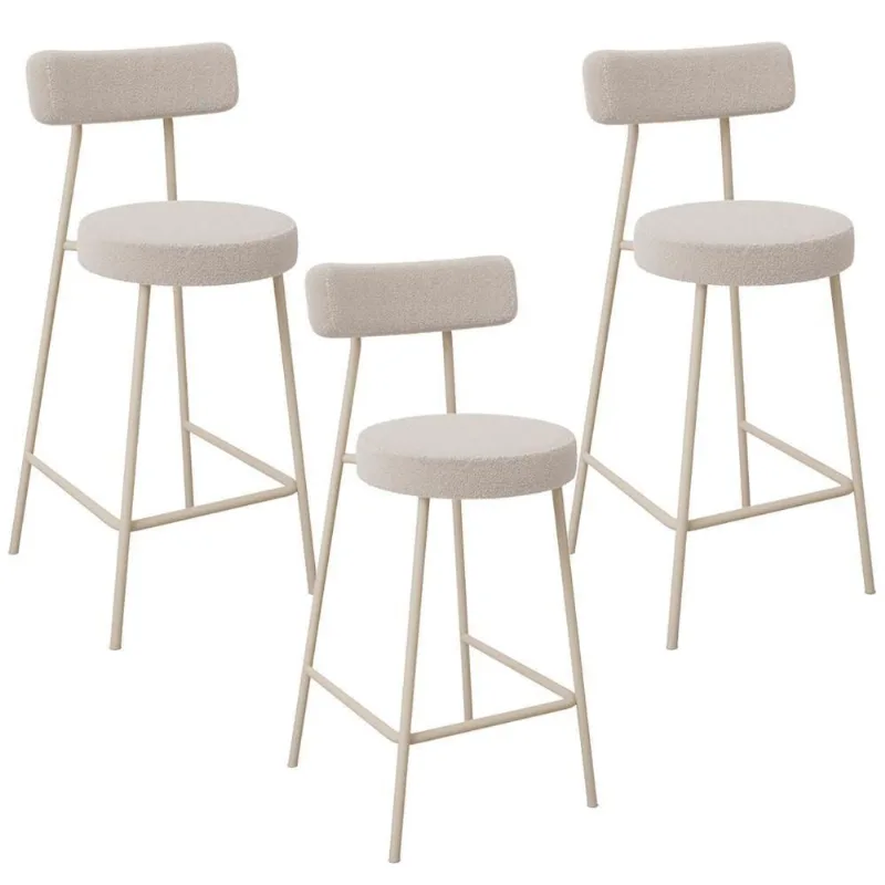 Kit 03 Banquetas Baixa Cozinha Sala Jantar Bancada Milão Arena L02 Bouclê Creme - Lyam Decor
