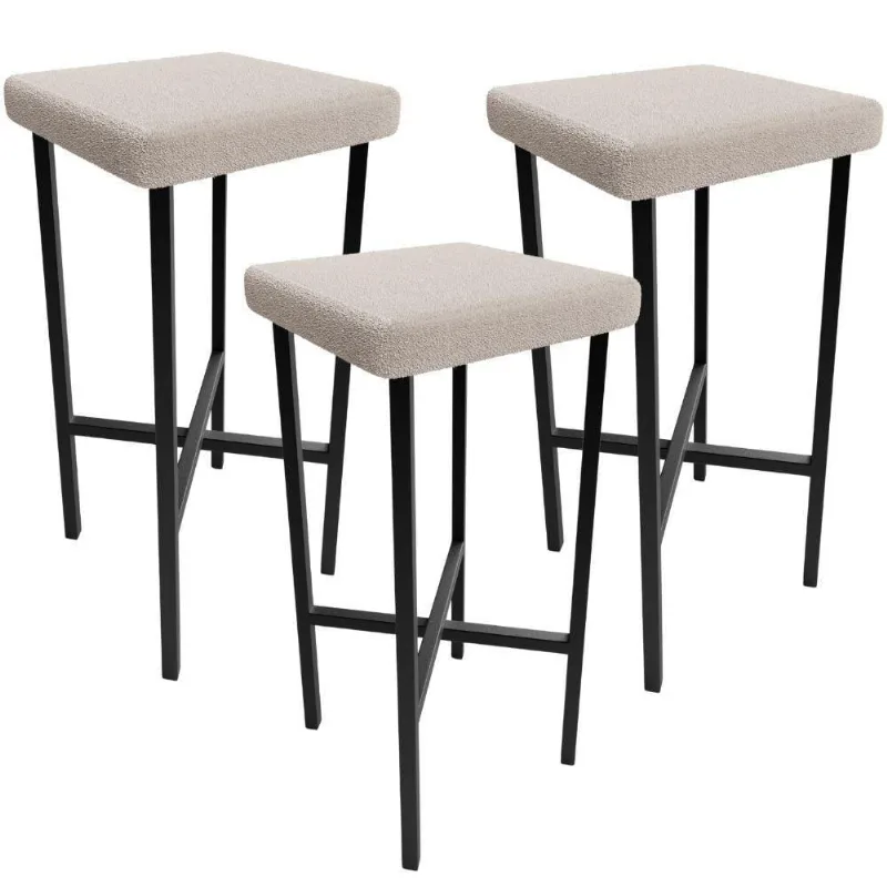Kit 03 Banquetas Alta Bar Cozinha Sala De Jantar Preto Stella L02 Bouclê Creme - Lyam Decor