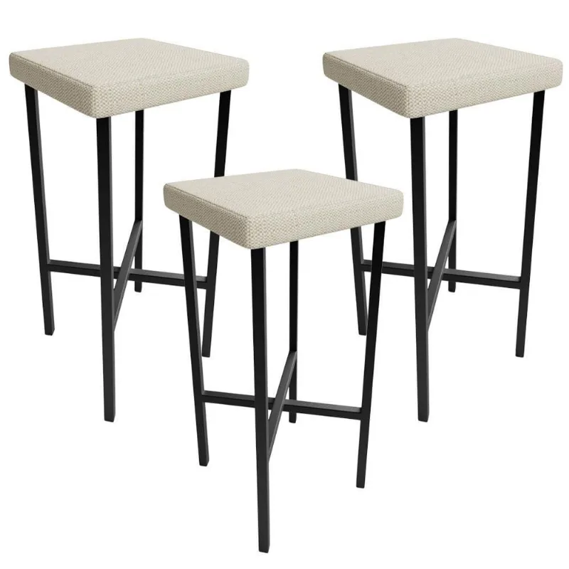 Kit 03 Banquetas Alta Bar Cozinha Sala De Jantar Preto Stella L02 Linho Champagne - Lyam Decor