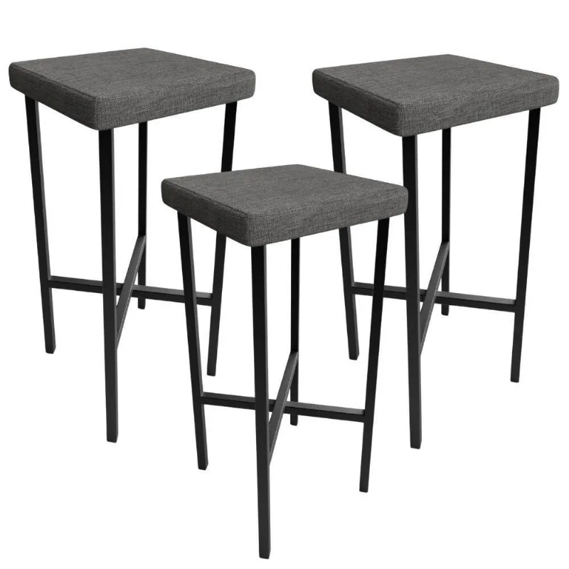 Kit 03 Banquetas Alta Bar Cozinha Sala De Jantar Preto Stella L02 Linho Cinza Escuro - Lyam Decor