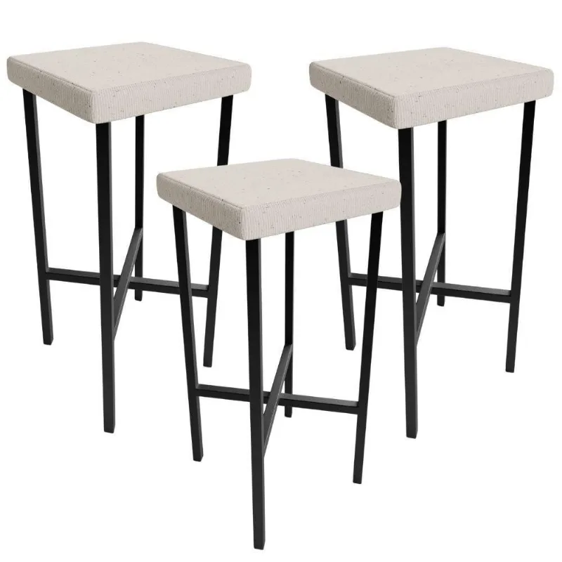 Kit 03 Banquetas Alta Bar Cozinha Sala De Jantar Preto Stella L02 Linho Cru - Lyam Decor