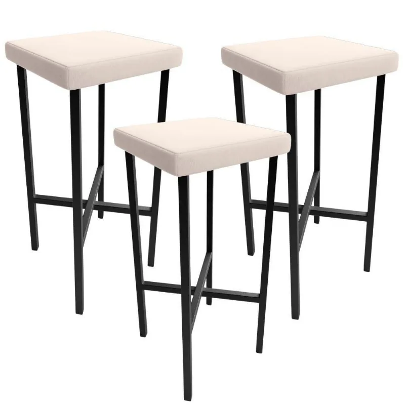 Kit 03 Banquetas Alta Bar Cozinha Sala De Jantar Preto Stella L02 Suede Bege - Lyam Decor