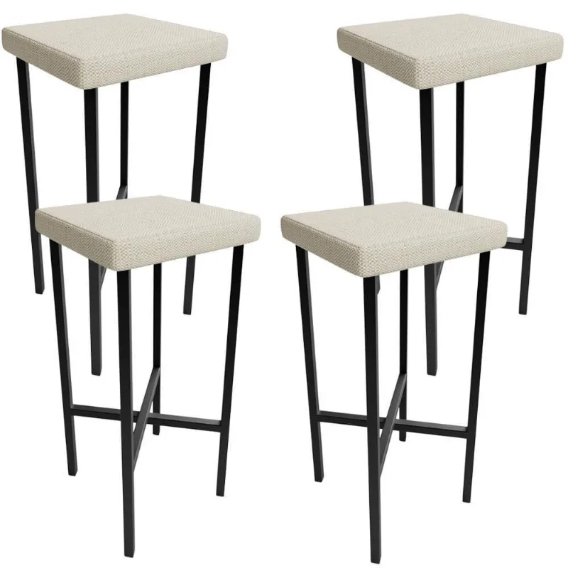 Kit 04 Banquetas Alta Bar Cozinha Sala De Jantar Preto Stella L02 Linho Champagne - Lyam Decor