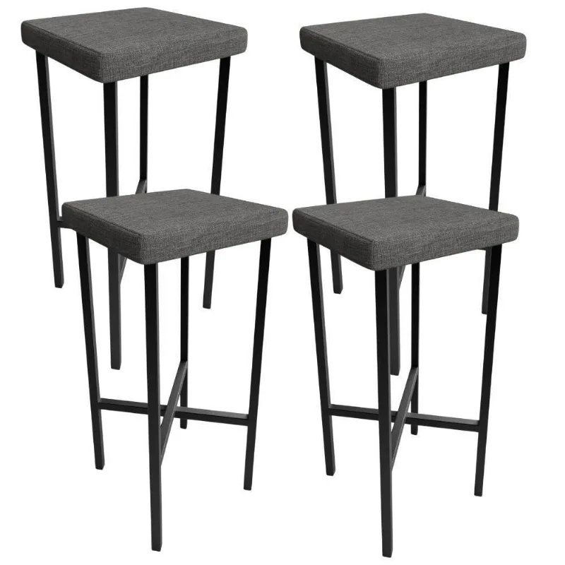 Kit 04 Banquetas Alta Bar Cozinha Sala De Jantar Preto Stella L02 Linho Cinza Escuro - Lyam Decor
