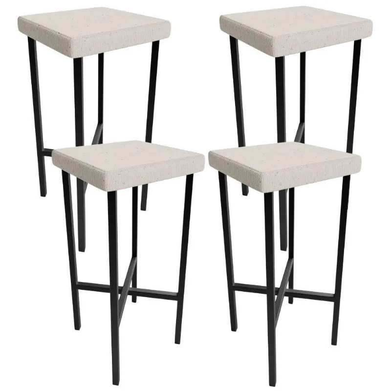 Kit 04 Banquetas Alta Bar Cozinha Sala De Jantar Preto Stella L02 Linho Cru - Lyam Decor
