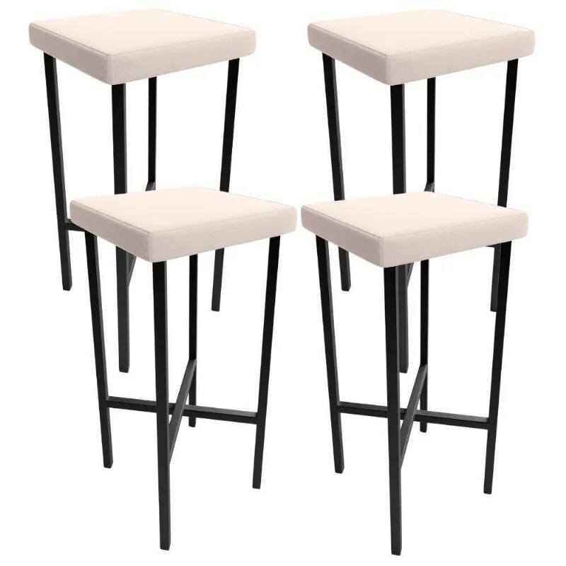 Kit 04 Banquetas Alta Bar Cozinha Sala De Jantar Preto Stella L02 Suede Bege - Lyam Decor