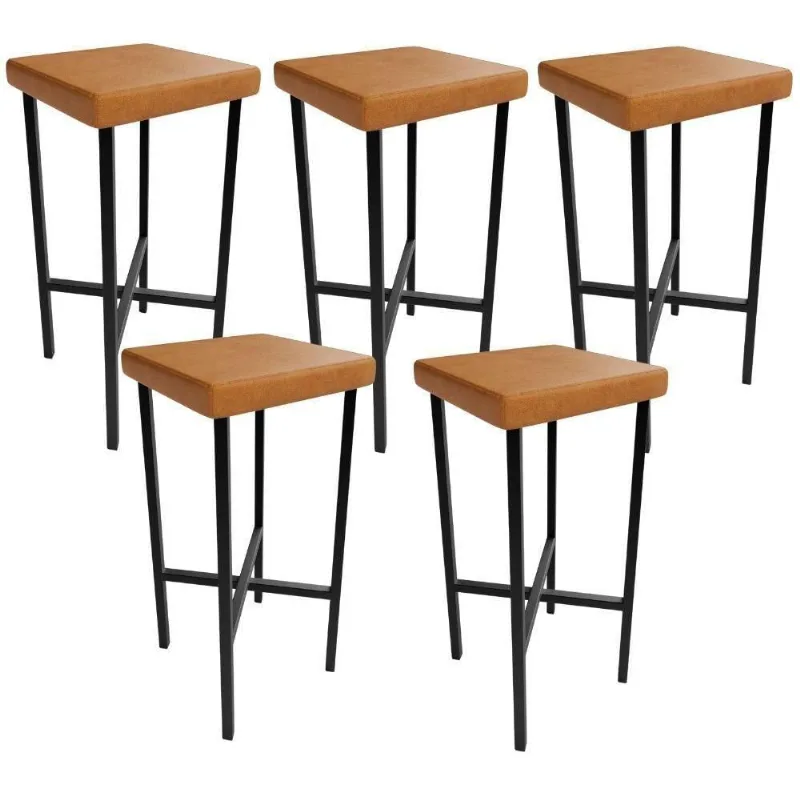 Kit 05 Banquetas Alta Bar Cozinha Sala De Jantar Preto Stella L02 Couríssimo Canela - Lyam Decor