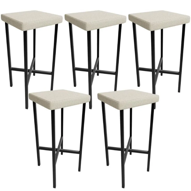 Kit 05 Banquetas Alta Bar Cozinha Sala De Jantar Preto Stella L02 Linho Champagne - Lyam Decor