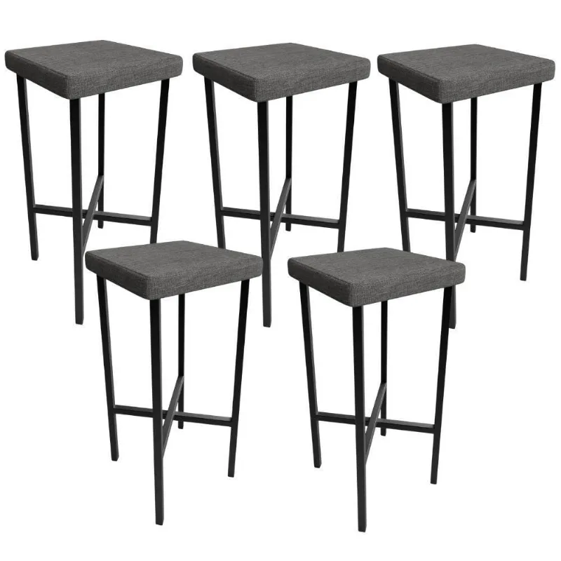 Kit 05 Banquetas Alta Bar Cozinha Sala De Jantar Preto Stella L02 Linho Cinza Escuro - Lyam Decor