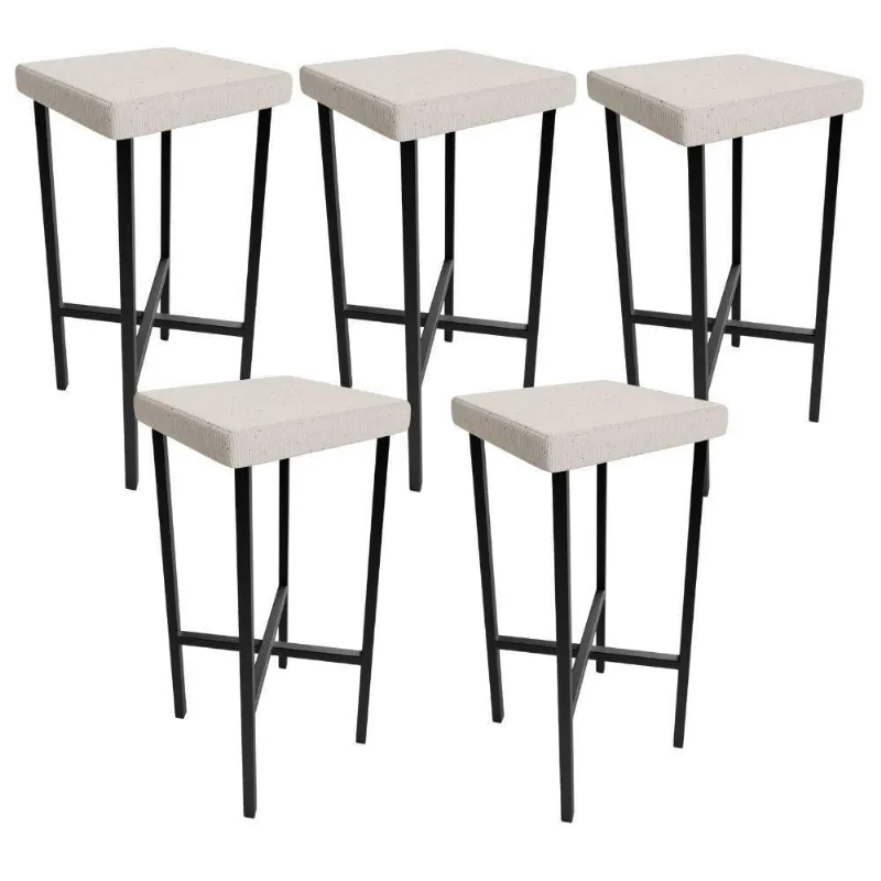 Kit 05 Banquetas Alta Bar Cozinha Sala De Jantar Preto Stella L02 Linho Cru - Lyam Decor