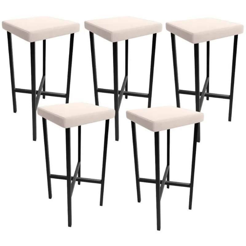 Kit 05 Banquetas Alta Bar Cozinha Sala De Jantar Preto Stella L02 Suede Bege - Lyam Decor