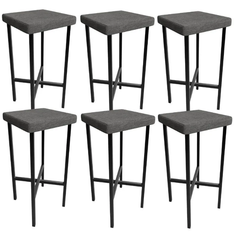 Kit 06 Banquetas Alta Bar Cozinha Sala De Jantar Preto Stella L02 Linho Cinza Escuro - Lyam Decor