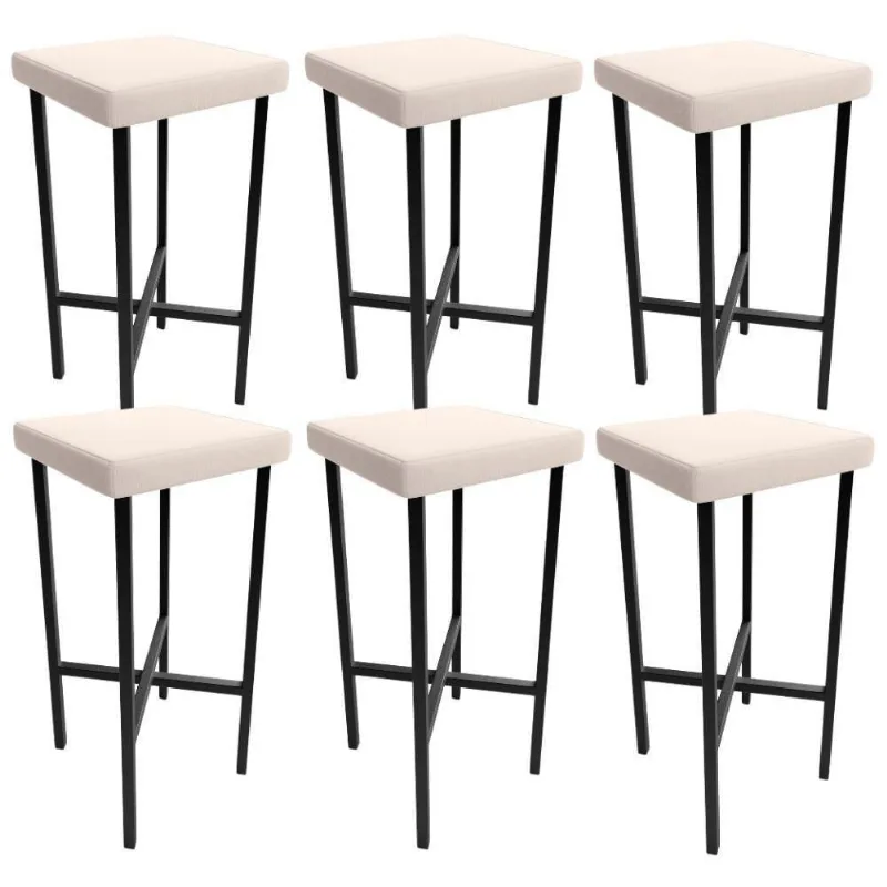Kit 06 Banquetas Alta Bar Cozinha Sala De Jantar Preto Stella L02 Suede Bege - Lyam Decor