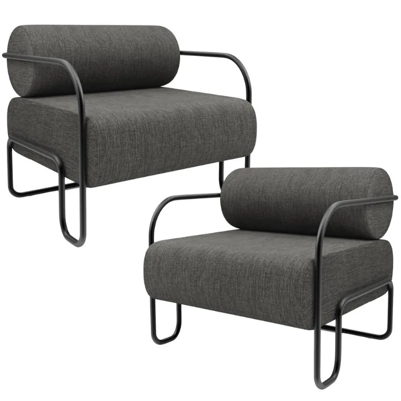 Kit 02 Poltronas Decorativa Pés Industrial Moscou L02 Linho Cinza Escuro - Lyam Decor - Lyam Decor