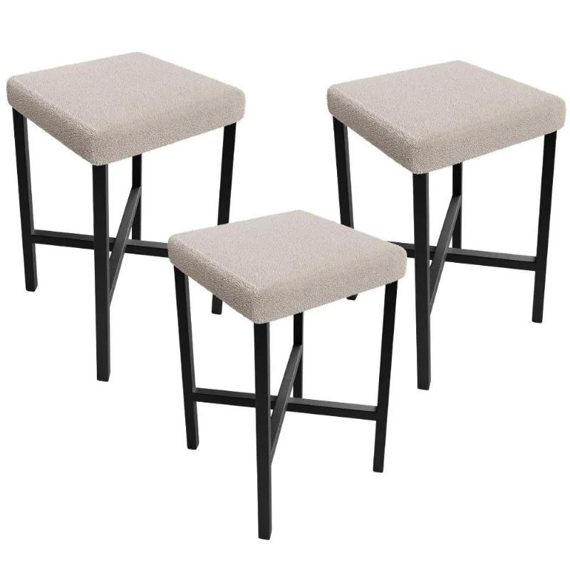 Kit 03 Banquetas Baixa Bar Cozinha Sala De Jantar Preto Stella L02 Bouclê Creme - Lyam Decor - Lyam Decor
