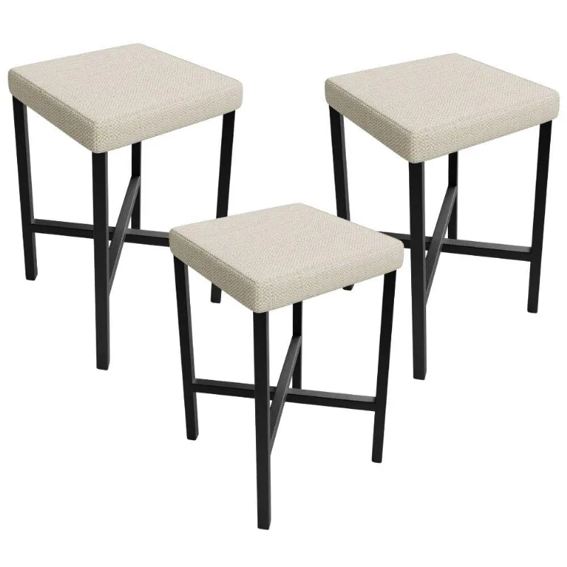 Kit 03 Banquetas Baixa Bar Cozinha Sala De Jantar Preto Stella L02 Linho Champagne - Lyam Decor