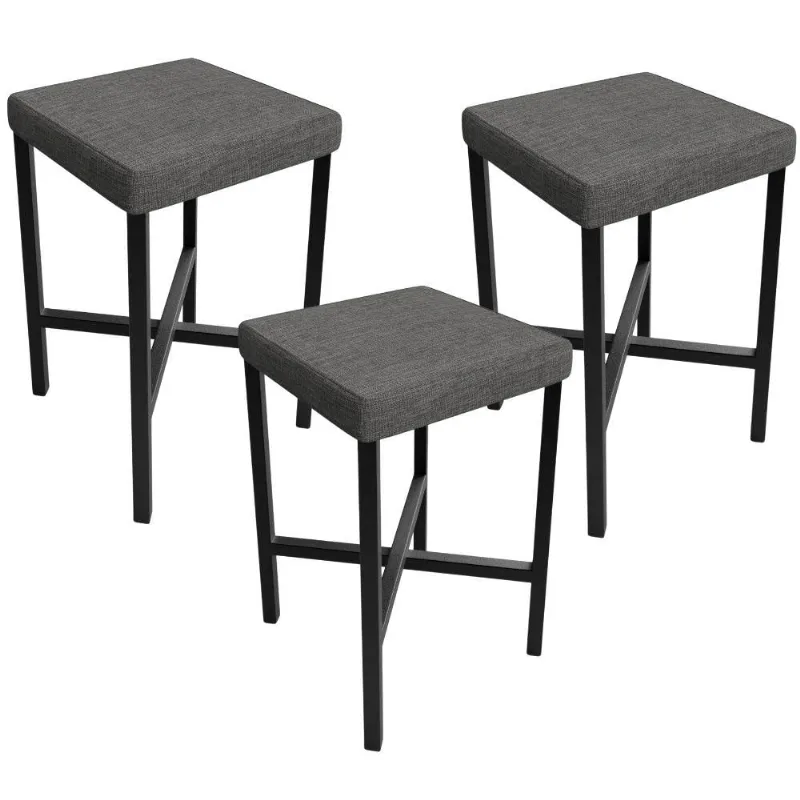 Kit 03 Banquetas Baixa Bar Cozinha Sala De Jantar Preto Stella L02 Linho Cinza Escuro - Lyam Decor