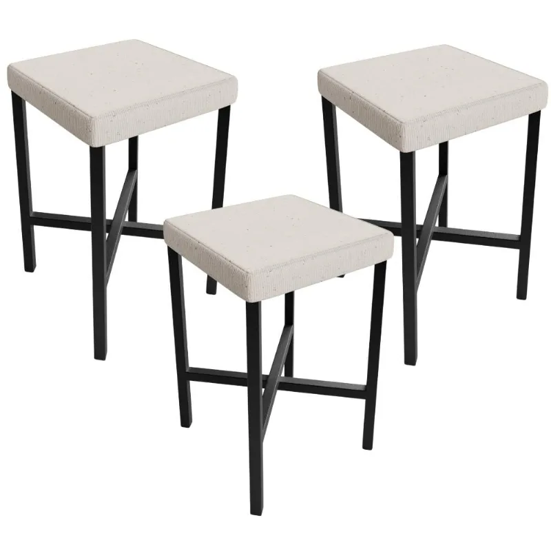 Kit 03 Banquetas Baixa Bar Cozinha Sala De Jantar Preto Stella L02 Linho Cru - Lyam Decor