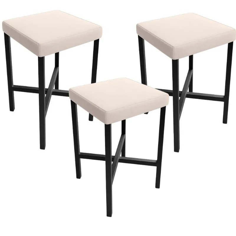 Kit 03 Banquetas Baixa Bar Cozinha Sala De Jantar Preto Stella L02 Suede Bege - Lyam Decor