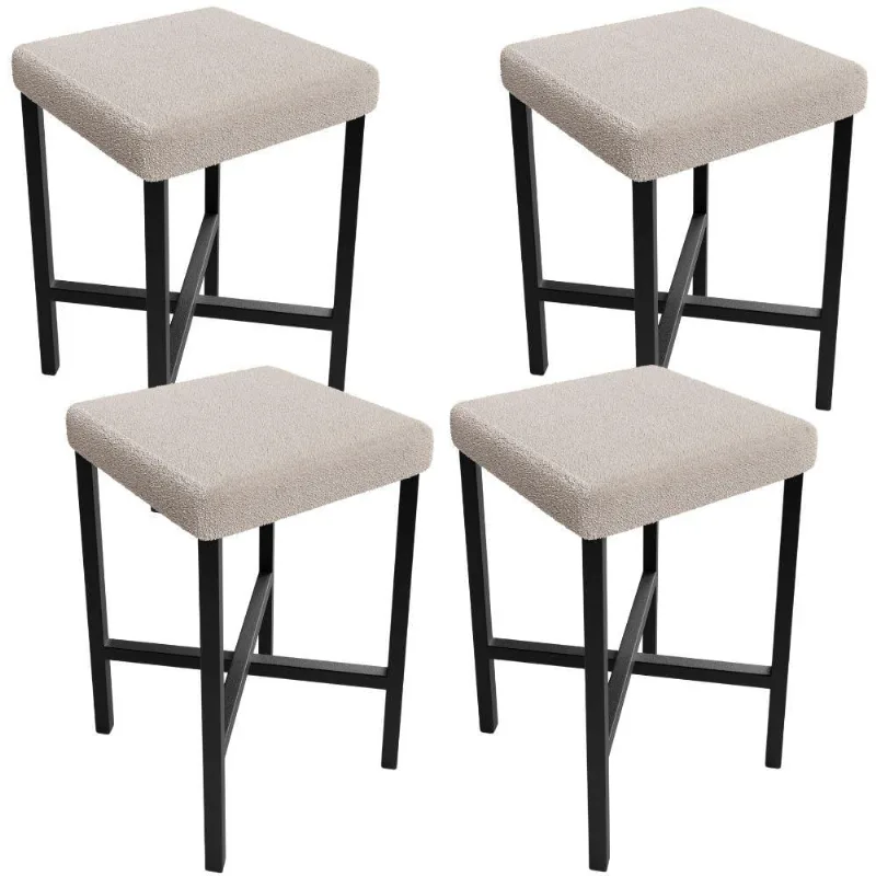 Kit 04 Banquetas Baixa Bar Cozinha Sala De Jantar Preto Stella L02 Bouclê Creme - Lyam Decor