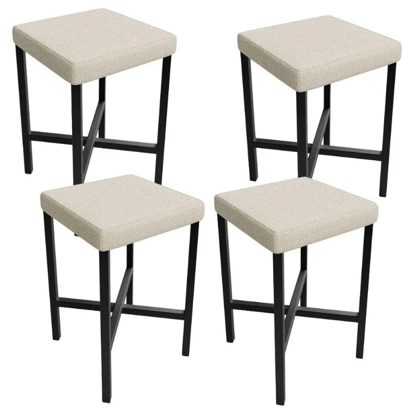Kit 04 Banquetas Baixa Bar Cozinha Sala De Jantar Preto Stella L02 Linho Champagne - Lyam Decor
