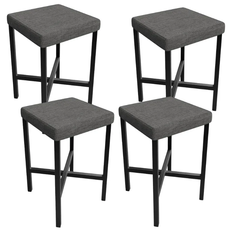 Kit 04 Banquetas Baixa Bar Cozinha Sala De Jantar Preto Stella L02 Linho Cinza Escuro - Lyam Decor