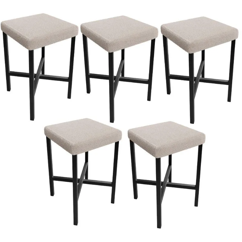 Kit 05 Banquetas Baixa Bar Cozinha Sala De Jantar Preto Stella L02 Bouclê Creme - Lyam Decor
