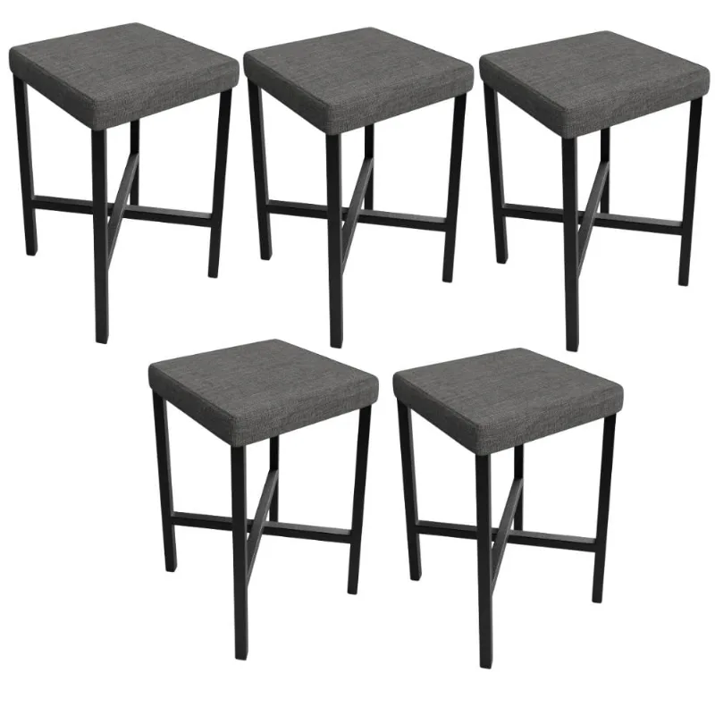 Kit 05 Banquetas Baixa Bar Cozinha Sala De Jantar Preto Stella L02 Linho Cinza Escuro - Lyam Decor