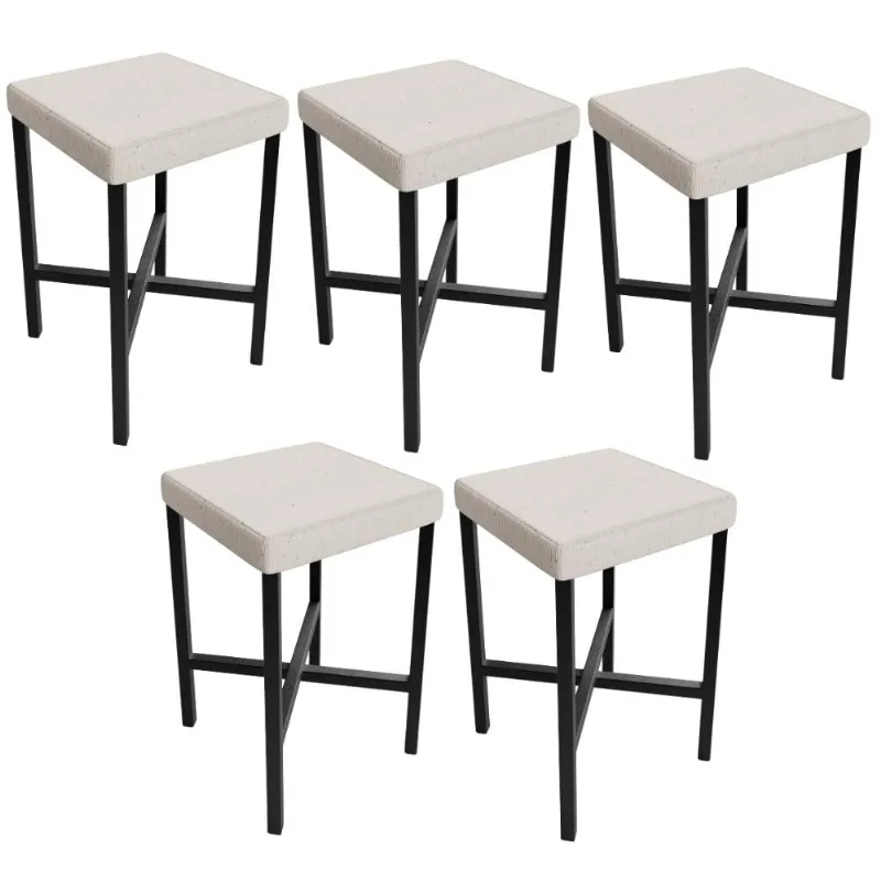 Kit 05 Banquetas Baixa Bar Cozinha Sala De Jantar Preto Stella L02 Linho Cru - Lyam Decor