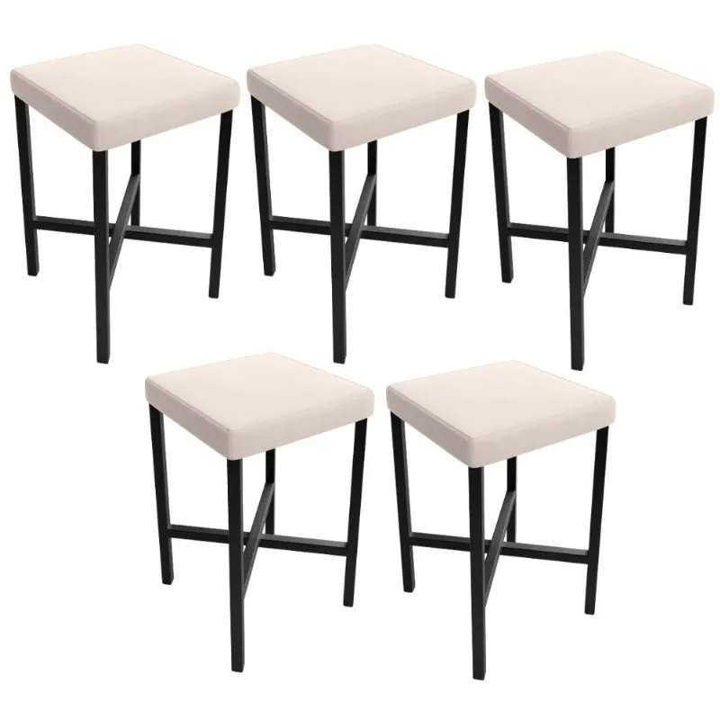 Kit 05 Banquetas Baixa Bar Cozinha Sala De Jantar Preto Stella L02 Suede Bege - Lyam Decor