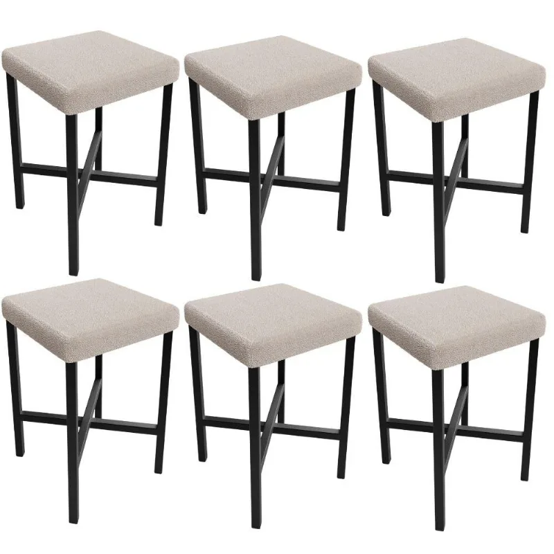 Kit 06 Banquetas Baixa Bar Cozinha Sala De Jantar Preto Stella L02 Bouclê Creme - Lyam Decor