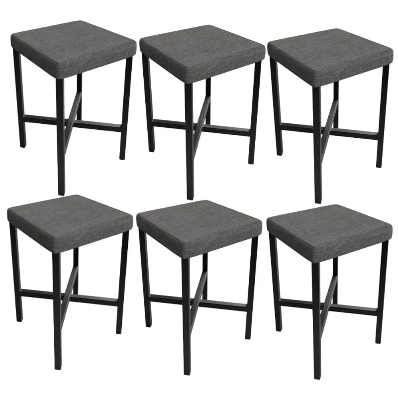 Kit 06 Banquetas Baixa Bar Cozinha Sala De Jantar Preto Stella L02 Linho Cinza Escuro - Lyam Decor