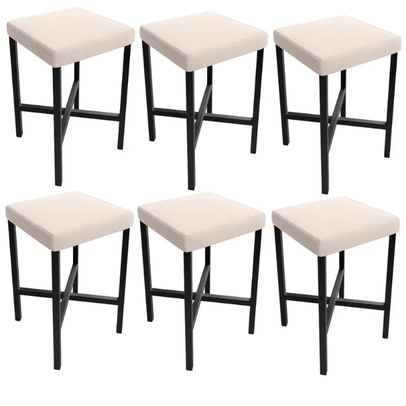 Kit 06 Banquetas Baixa Bar Cozinha Sala De Jantar Preto Stella L02 Suede Bege - Lyam Decor