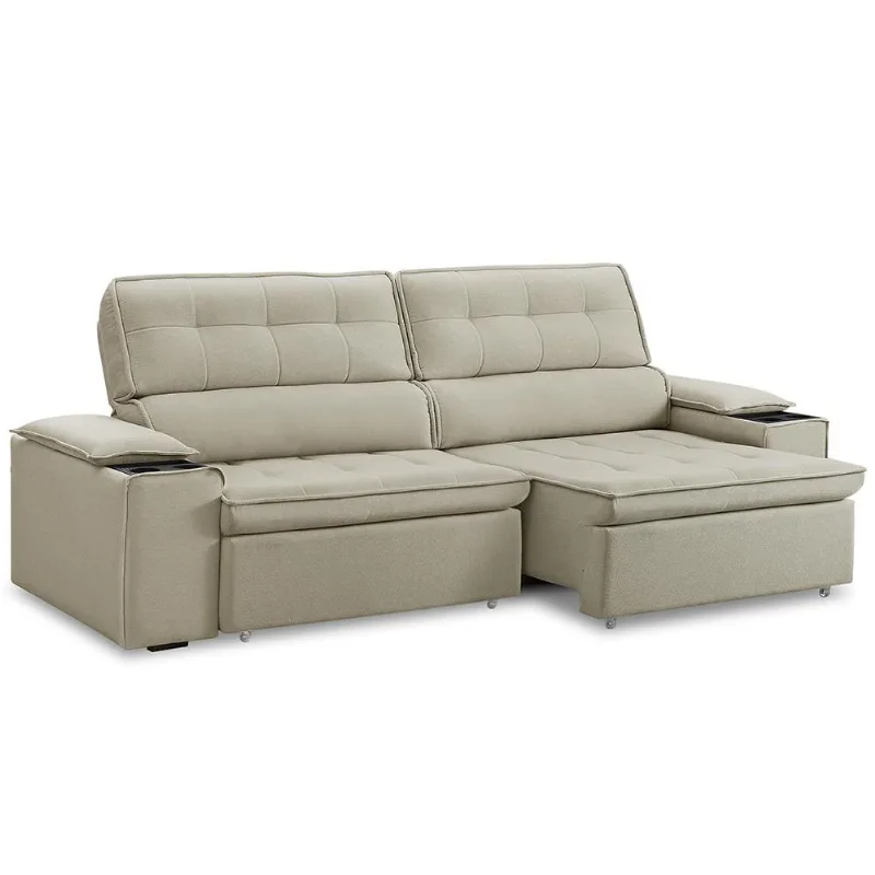Sofá Retrátil Reclinável 3 Lugares Sala de Estar 235cm Bilac F04 Linho Bege - Lyam Decor