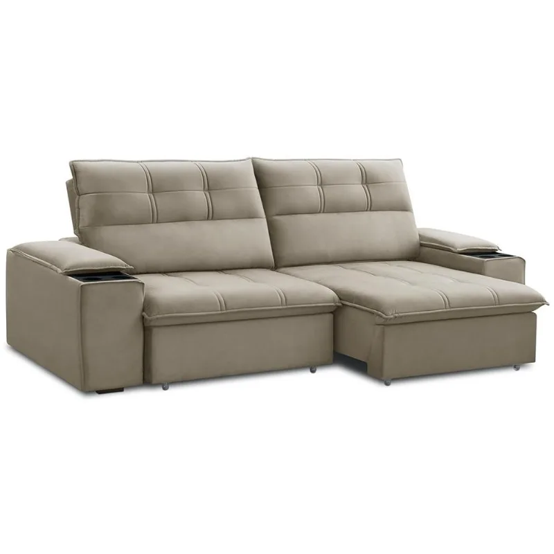Sofá Retrátil Reclinável 3 Lugares Sala de Estar 245cm Merida F04 Veludo Marrom Claro - Lyam Decor - Lyam Decor