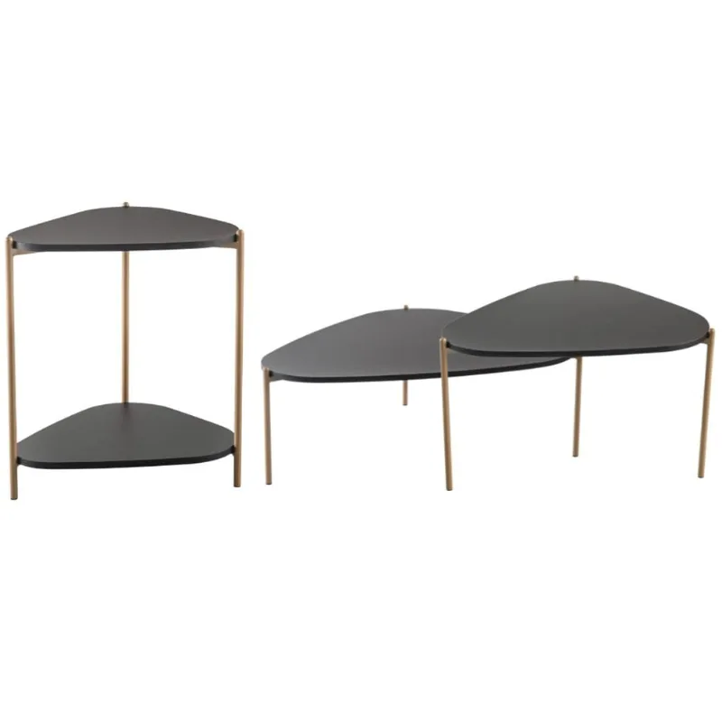 Kit 02 Mesas de Centro e 01 Mesa Lateral Pés Metálicos Adek A03 Nero Dourado - Lyam Decor - Lyam Decor