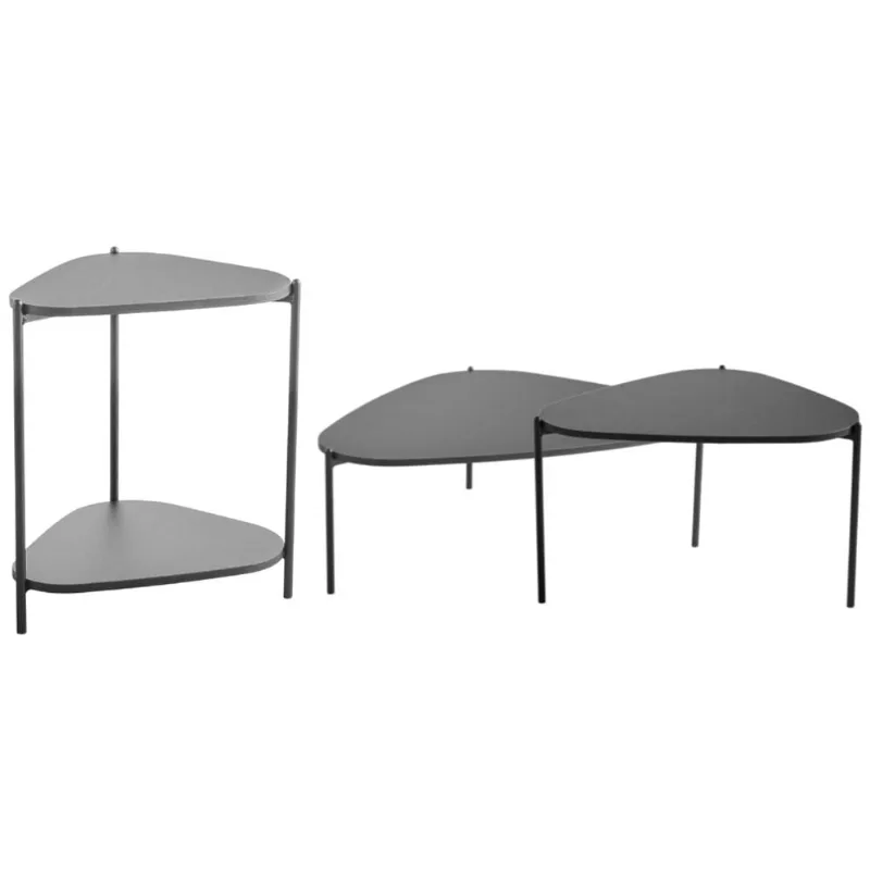Kit 02 Mesas de Centro e 01 Mesa Lateral Pés Metálicos Adek A03 Nero Preto - Lyam Decor - Lyam Decor