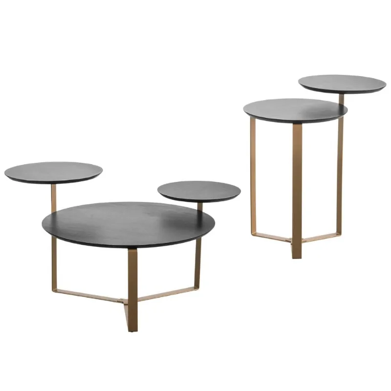 Kit Mesa de Centro e Mesa Lateral Para Sala Pés Metálicos Dari A03 Nero Dourado - Lyam Decor - Lyam Decor