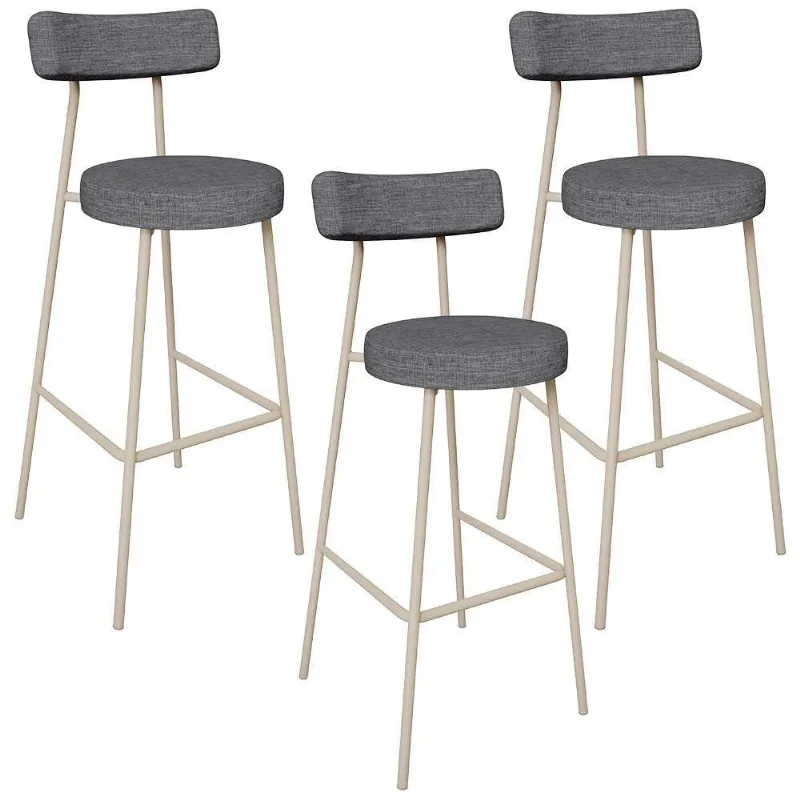Kit 03 Banquetas Alta Bar Cozinha Sala De Jantar Aço Milão Arena L02 Linho Cinza Escuro - Lyam Decor