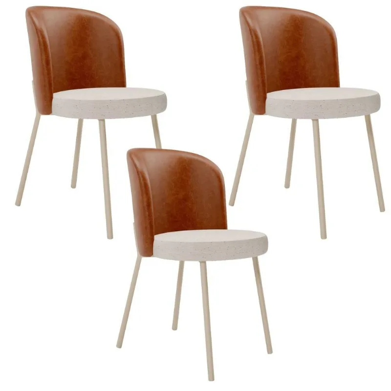 Kit 3 Cadeiras Sala de Jantar Estofada Gavi Arena L02 Couríssimo Camel Linho Cru - Lyam Decor - Lyam Decor