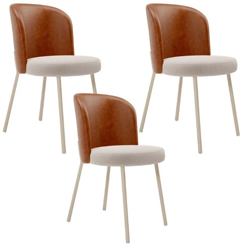Kit 3 Cadeiras Sala de Jantar Estofada Gavi Arena L02 Couríssimo Camel Bouclê Creme - Lyam Decor - Lyam Decor